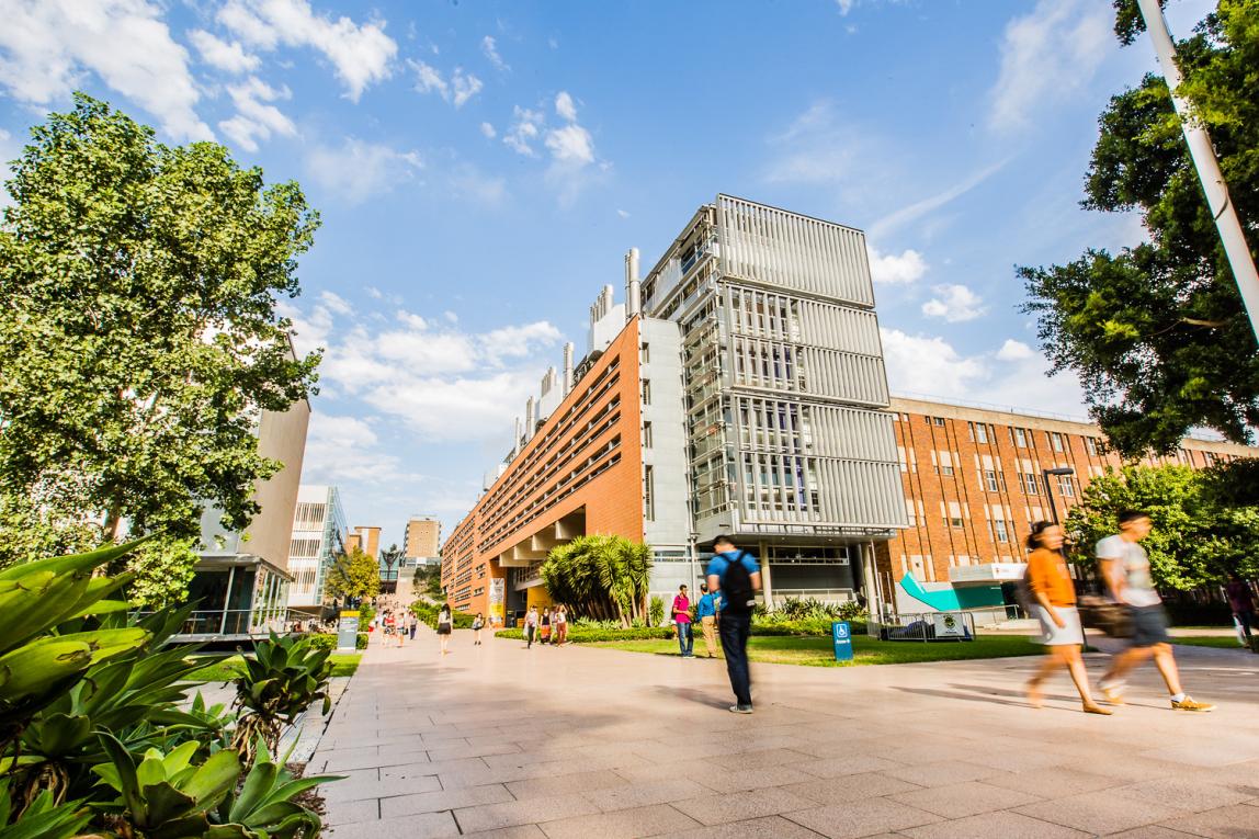 在新南威尔士大学的校园，学生们走在上课路上，主干道两旁坐落着高大的砖砌建筑。