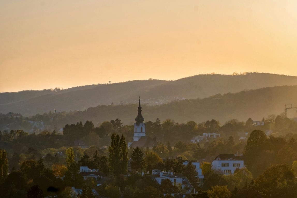 A view of Vienna, Austria's landscape at sunset.