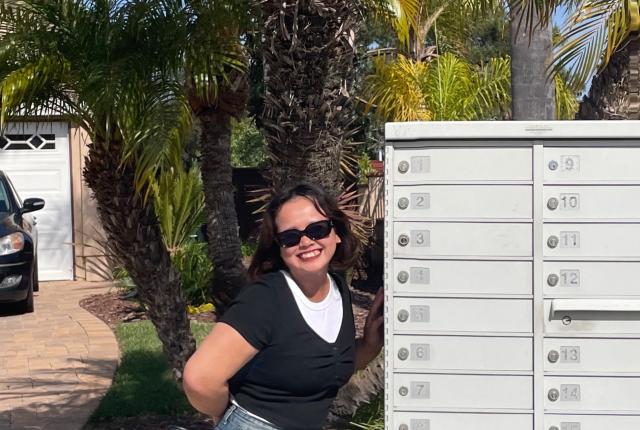 アメリカ、サンマルコスの青空の下ポストと撮影