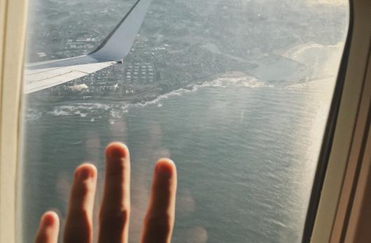 Person's left hand on plane window