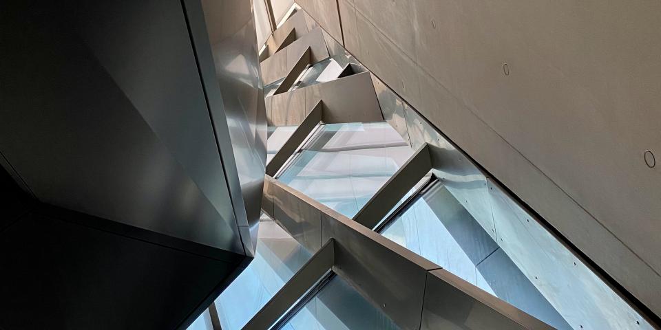 looking up through an artistic window in the Eli and Edythe Broad Art Museum in Michigan